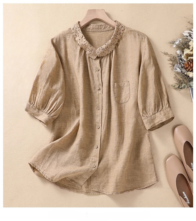 Solid Color Cotton and Linen Leisi Edge Collar Artistic Loose Top