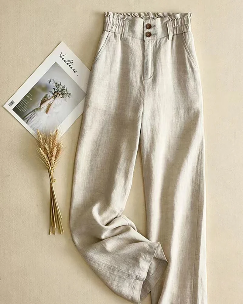 Solid High Waist Cotton Linen Casual Bottom Pants