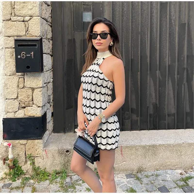 Striped Knitted Bodycon Mini Dress Street Outfit - Black- White, S