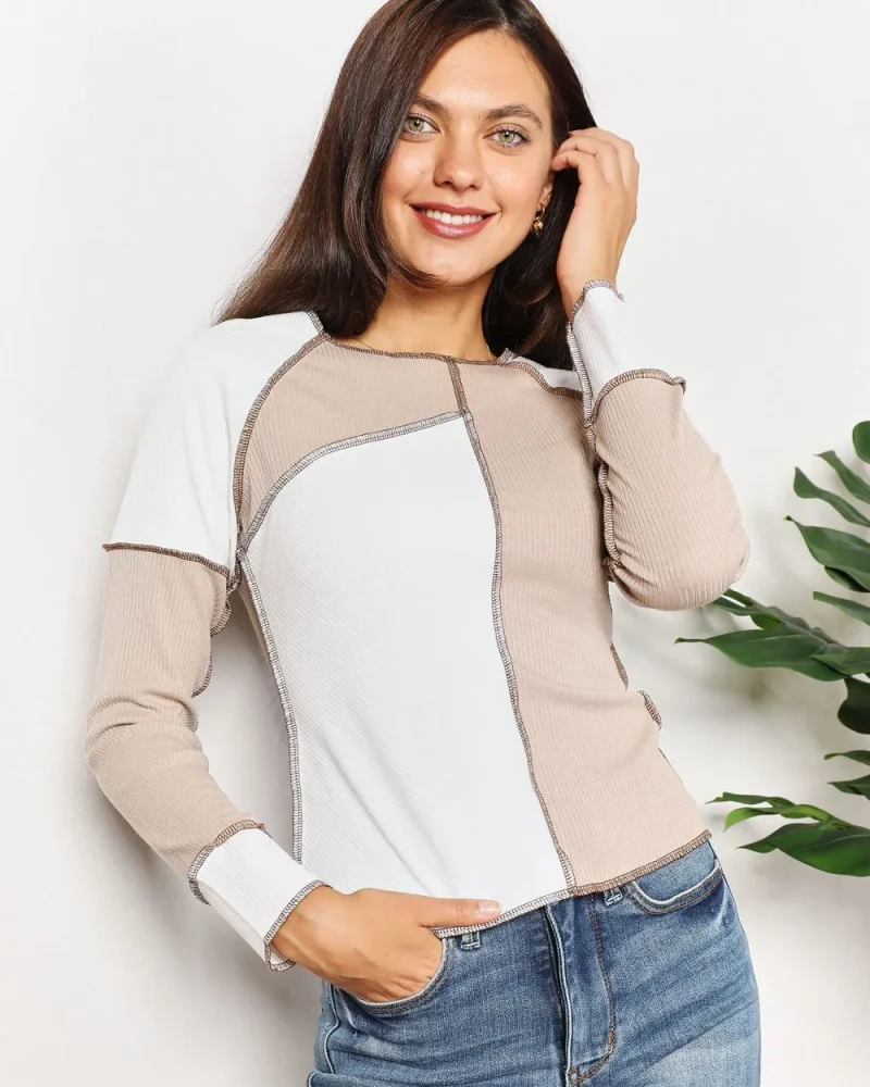 Stylish Fashion Double Take Color Block Exposed Seam Long Sleeve Tops
