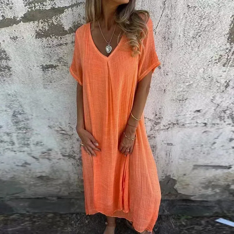 V Neck Cotton Linen Street Simple Solid Color Pullover Casual Loose Dresses