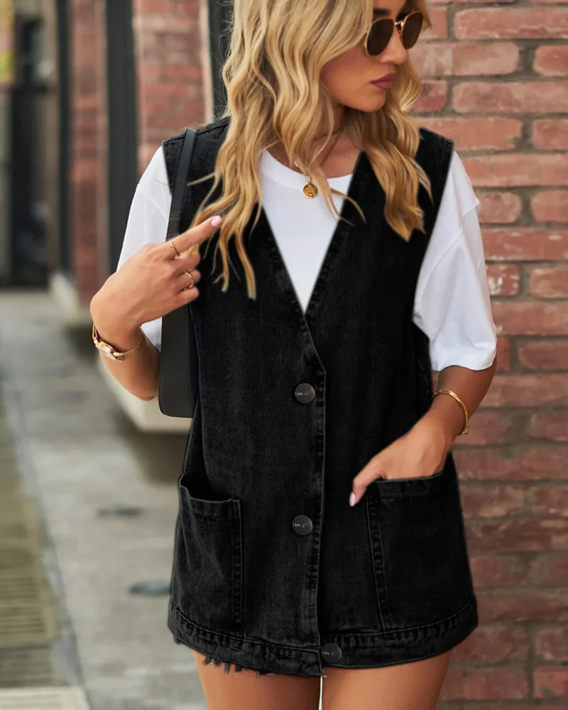 V-Neck Denim Vests Fashion Casual Sleeveless Jacket Pocket Vest Tops
