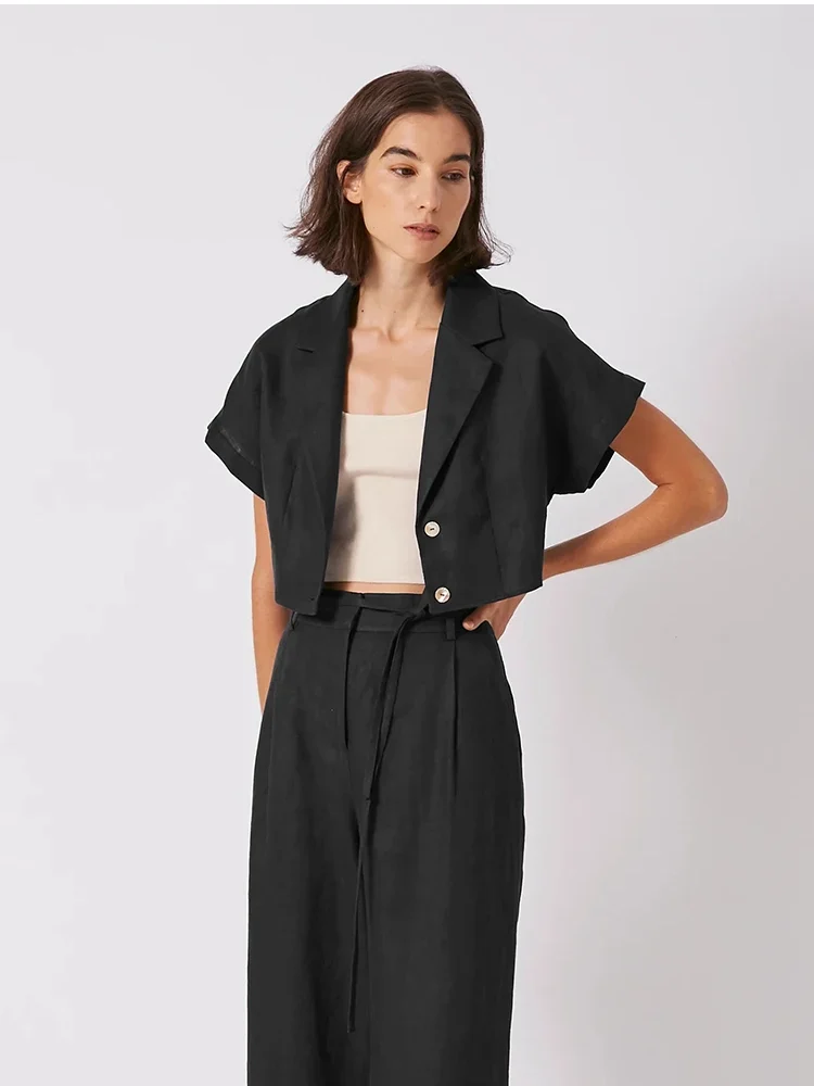 V-neck Crop Shirt Office Ladies Casual Linen Cotton Cardigan Short Sleeve Blazer