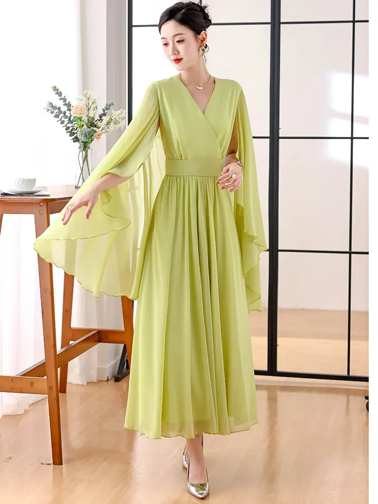 Vintage Long Sleeve Elegante Chic Fashion V-Neck Chiffon Dress