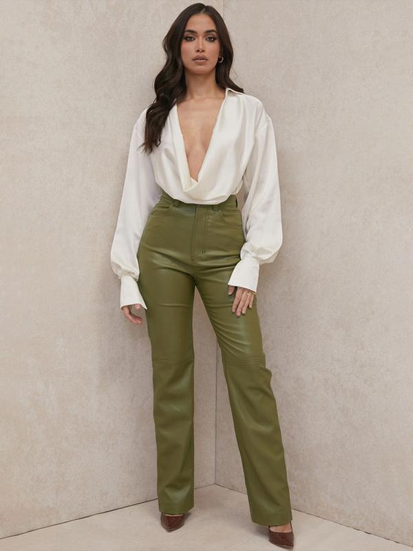 long Sleeve Fashion Cupless v neck pleated Bodysuit Top