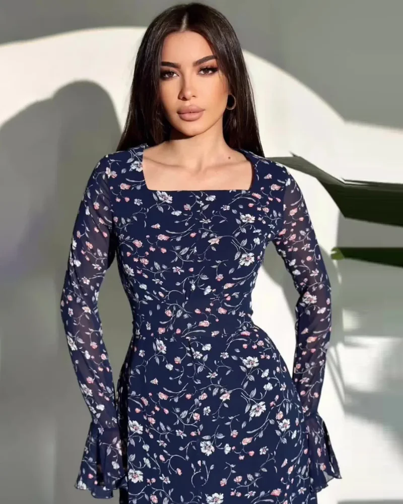 Asymmetrical Layered High Waist Slim Lotus Sleeve Tie Printed Elegant Maxi Dresses