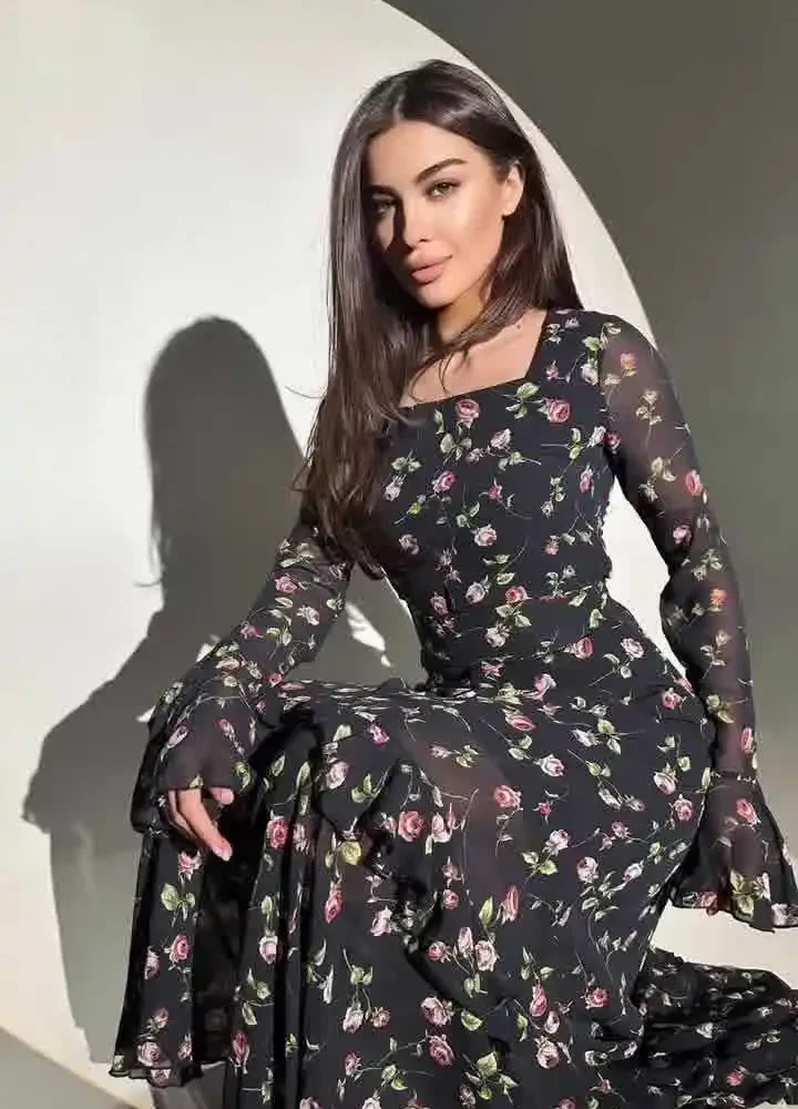 Asymmetrical Layered Lotus Sleeve Tie High Waist Slim Printed Elegant Maxi Dresses