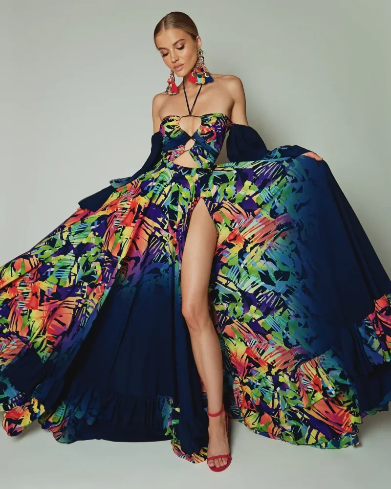 Asymmetrical Off Shoulder Retro Print Natinal Floral Split Beach Maxi Dress