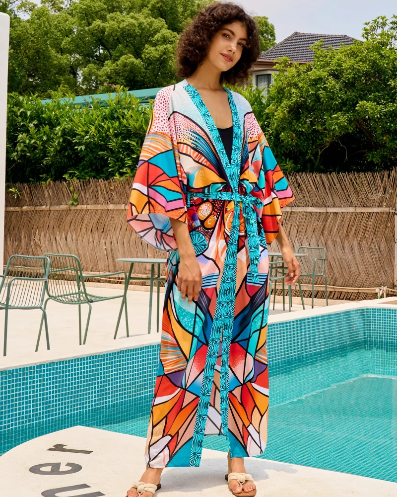 Boho Printed Belted Bathrobe Tunic Kimono Cardigan Beach Swimwear