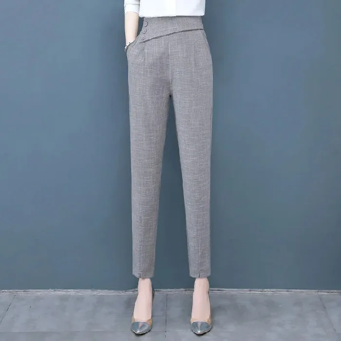 Button Patchwork Pockets Little Feet Trousers Thin High Waist Nine Points Trousers1 Button Patchwork Pockets Little Feet Trousers Thin High Waist Nine Points Trousers