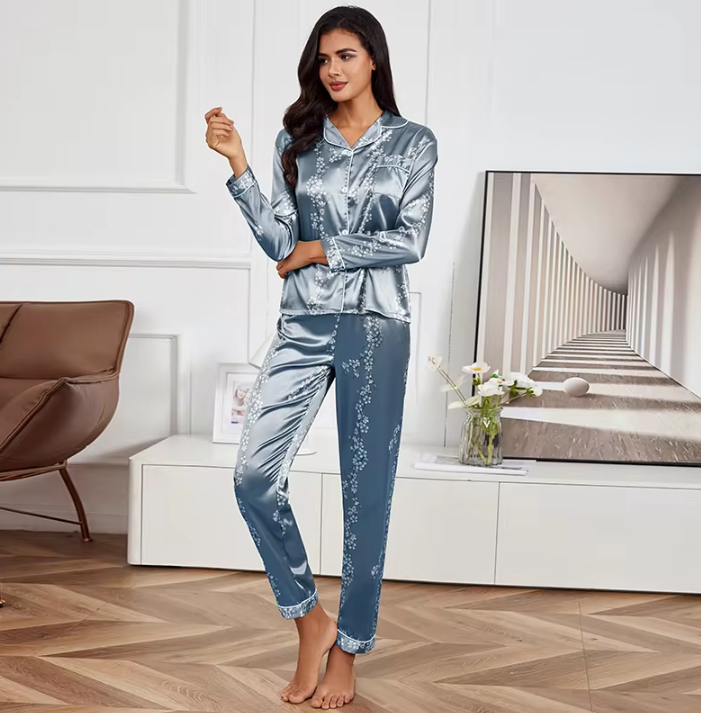 Casual Button Down Print Shirt With Trouser Pajamas Set