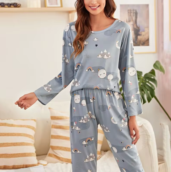 Casual Cartoon Print Long Sleeve Shirt And Trousers Pajama Set
