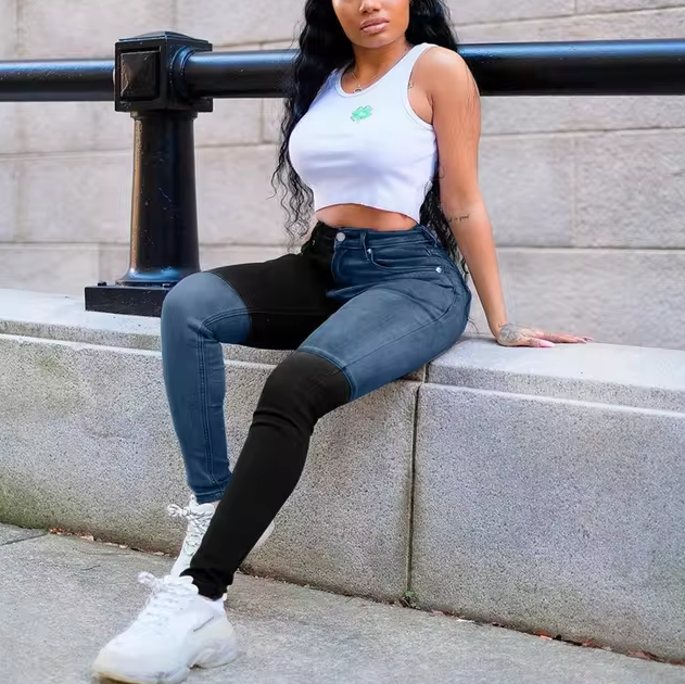 Casual Contrast Patchwork High Waist Hip Hop Pencil Jeans