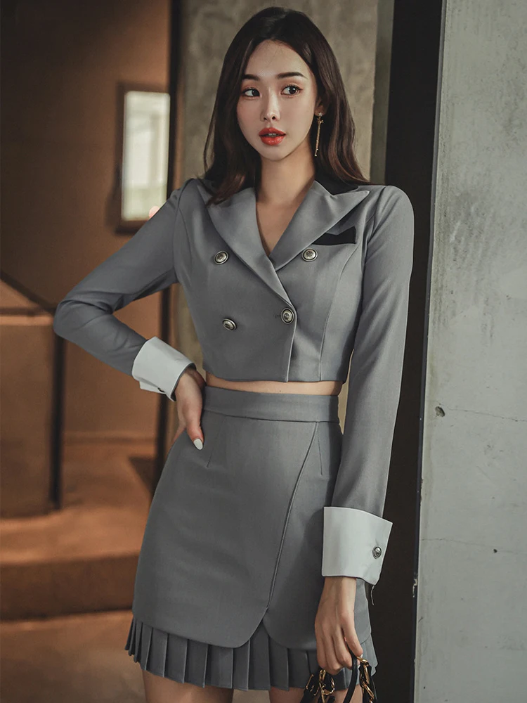 Casual Cropped Tops Coat Blazer Suit And High Waist Pleated Skirt Short 2 Pieces Outfits