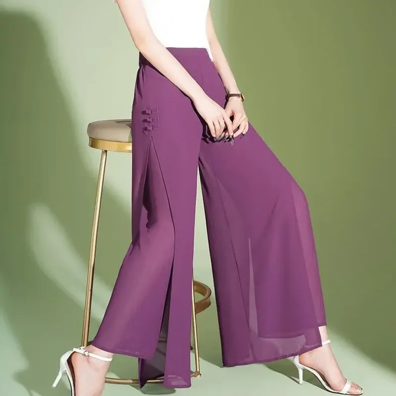 Casual Double Layer Elastic High Waist Button Chiffon Straight Trousers