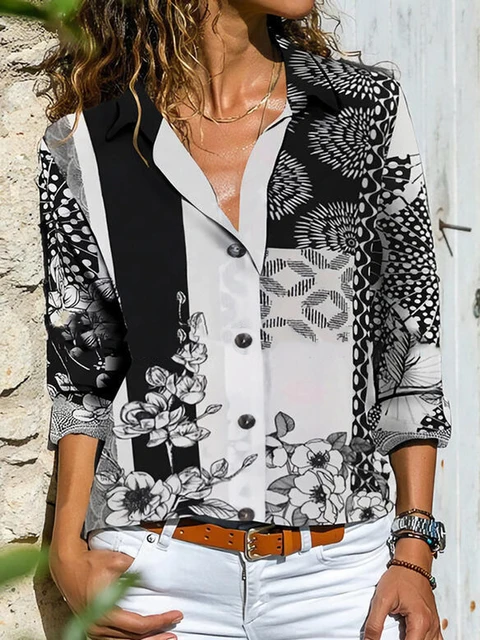Casual Fashion lapel long sleeve Printed midweight shirt