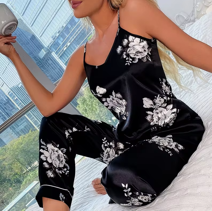 Casual Floral Print Satin Backless Cami Top And Elastic Pants Set