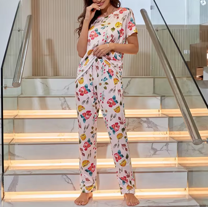Casual Floral Print Tops And Long Pants Pajama Sets