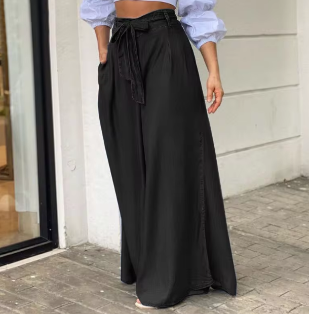 Casual High Waist Belted Long Loose Pants Street Wear