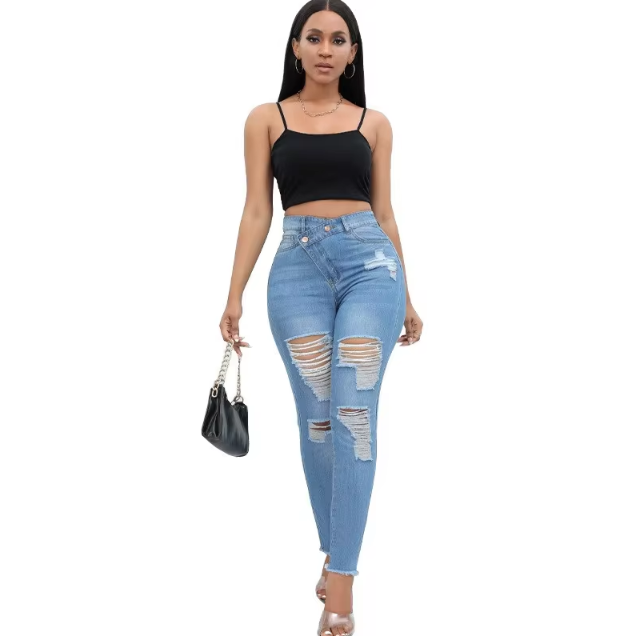 Casual High Waist Slim Ripped Stretch Pencil Jeans