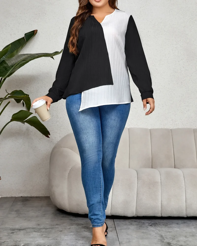 Casual Long Sleeve Color Block Plus Size Top Shirts Sprinf Fall Cloth