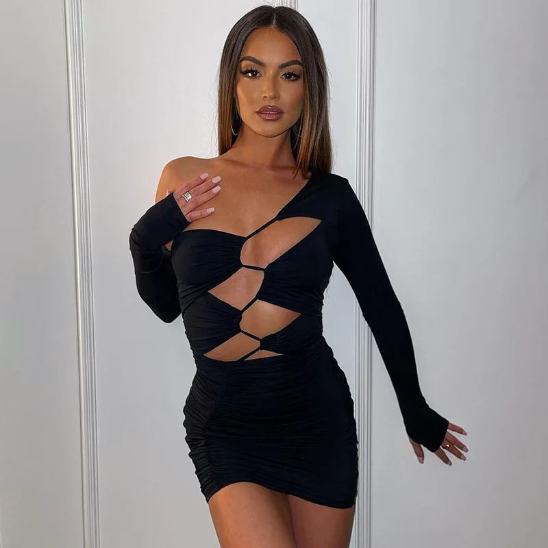 Casual Long Sleeve Cut Out Bandage Outfits for Party Mini Dresses