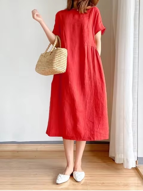 Casual Loose Short Sleeve A-LINE Oversize Solid Cotton Linen Midi Dress Vestidos