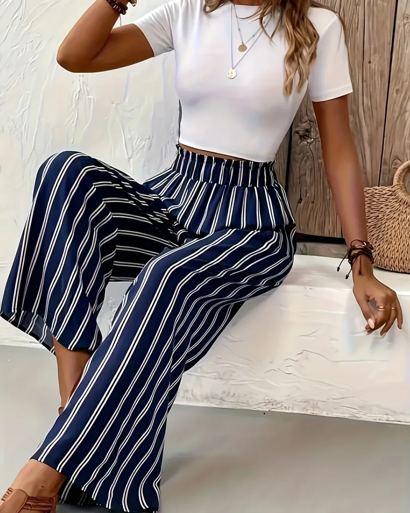 Casual Pleated Elastic And High Waist Striped Wide-Leg Loos Pants