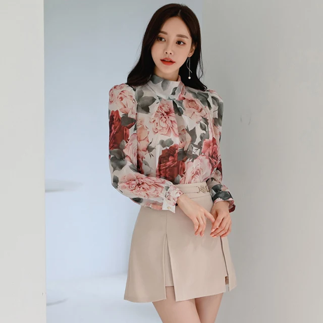 Casual Print Tops Shirt Blouse And High Waist Mini Short Skirt 2 Pieces Outfits