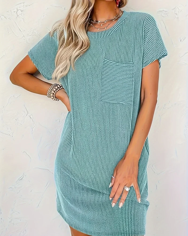 Casual Round Neck Short Sleeve Solid Ribbed Tunic Mini Dresses