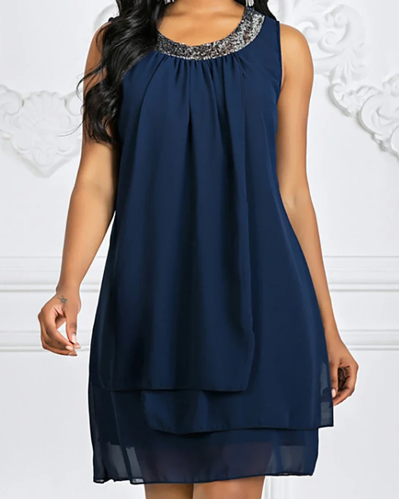 Knee Length Solid Color O Neck Sequins Plus Size Sleeveless Shift Dress