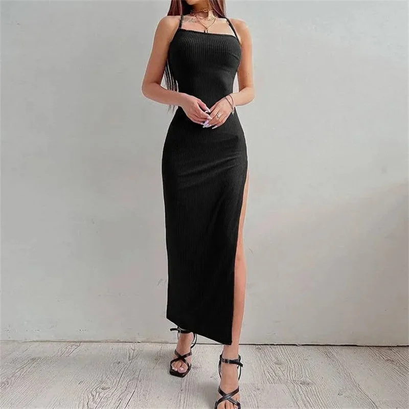 Casual Sleeveless Halter Neck Spaghetti Strap Bodycon Long Dresses