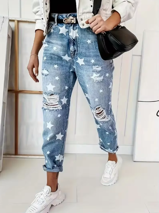 Casual Slim Fit Star Pattern Non Stretch Jeans