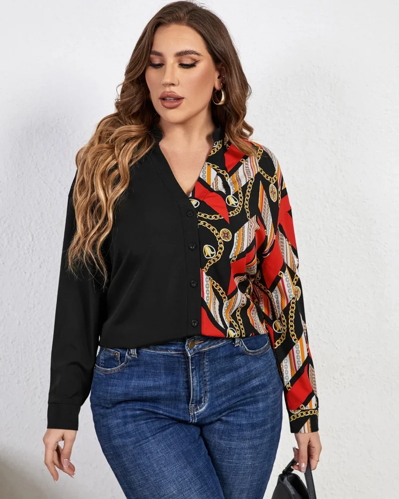 Casual V Neck Front Button Down Blouses Long Sleeve Plus Size Shirt