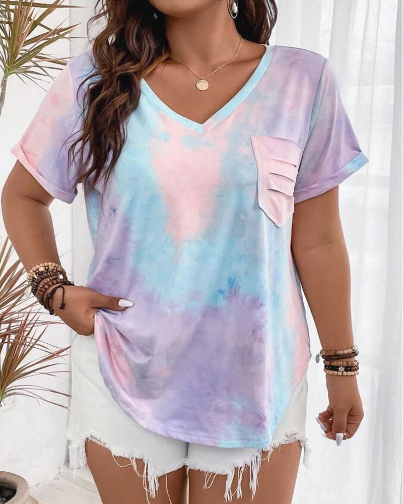 Casual V-neck Regular Length Slight Stretch Plus Size Printed Pocket T-shirt