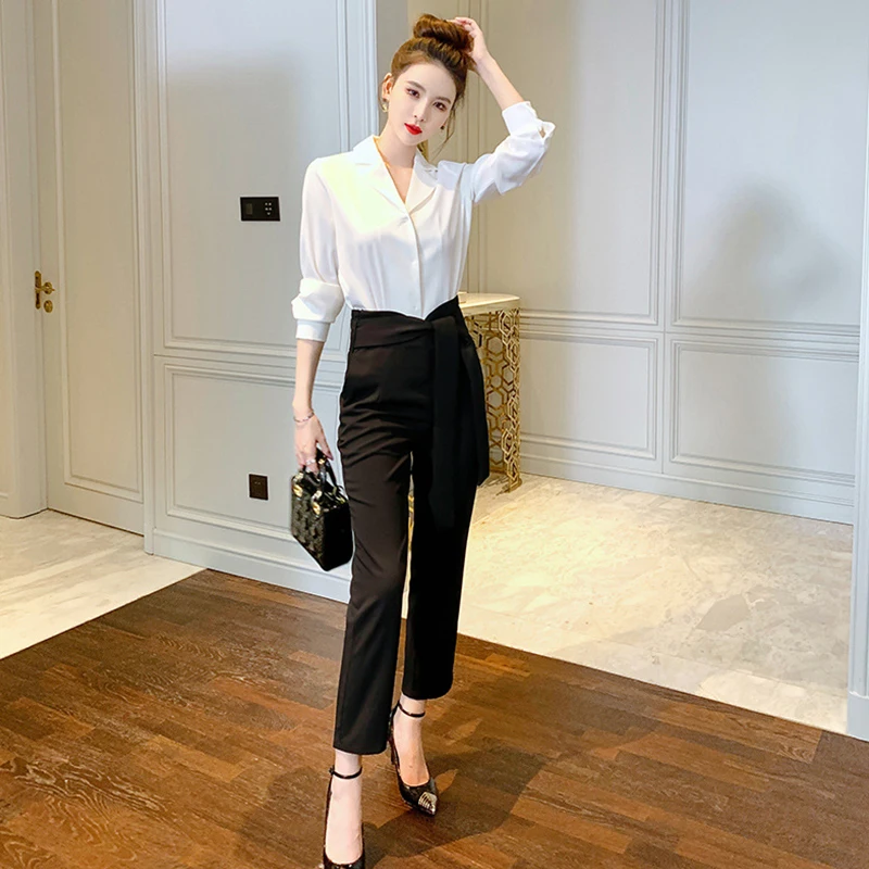 Casual Vintage Single Breasted V-Neck Long Sleeve Shirt Long Pants 2 Pieces Set