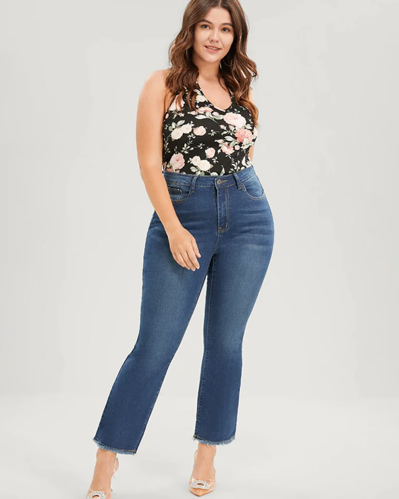 Classic High Waist Ankle Length Plus Size Straight Jeans