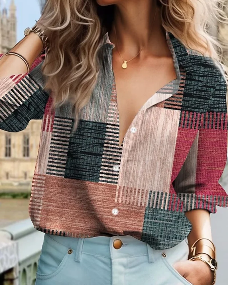 Color Block Print Button Closure Long Sleeve Casual Vintage Daily Basic Shirt