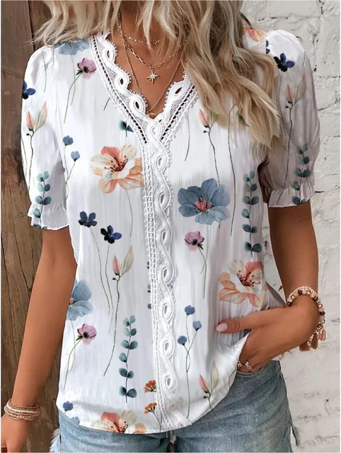 Comfortable and casual V-neck lace patchwork printed short sleeved Top