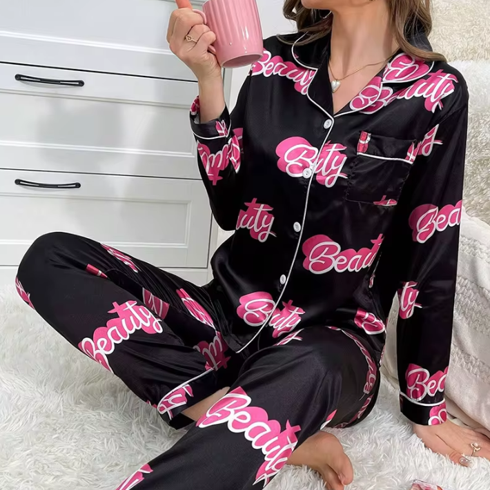 Cute Cat Print Satin Long Sleeve Lapel Collar Tops And Pants Sleepwear