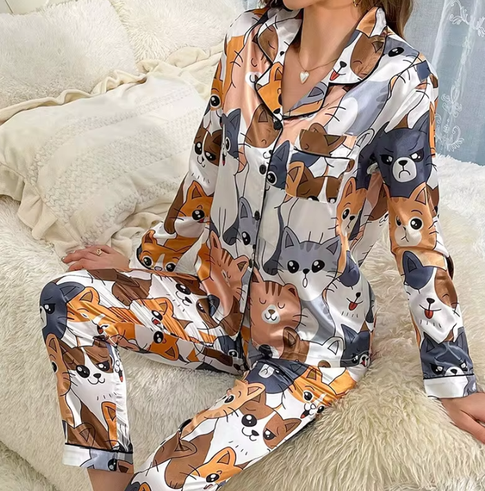 Cute Cat Print Satin Long Sleeve Lapel Collar Tops And Pants Sleepwear