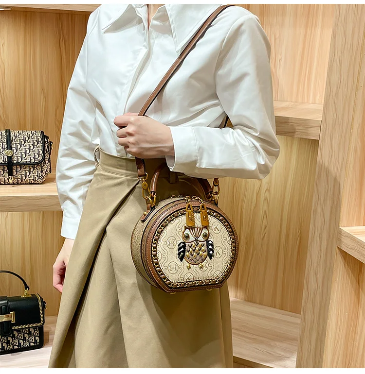 Diagonal Cross Leather Contrast Designer High Quality Small Round Bag