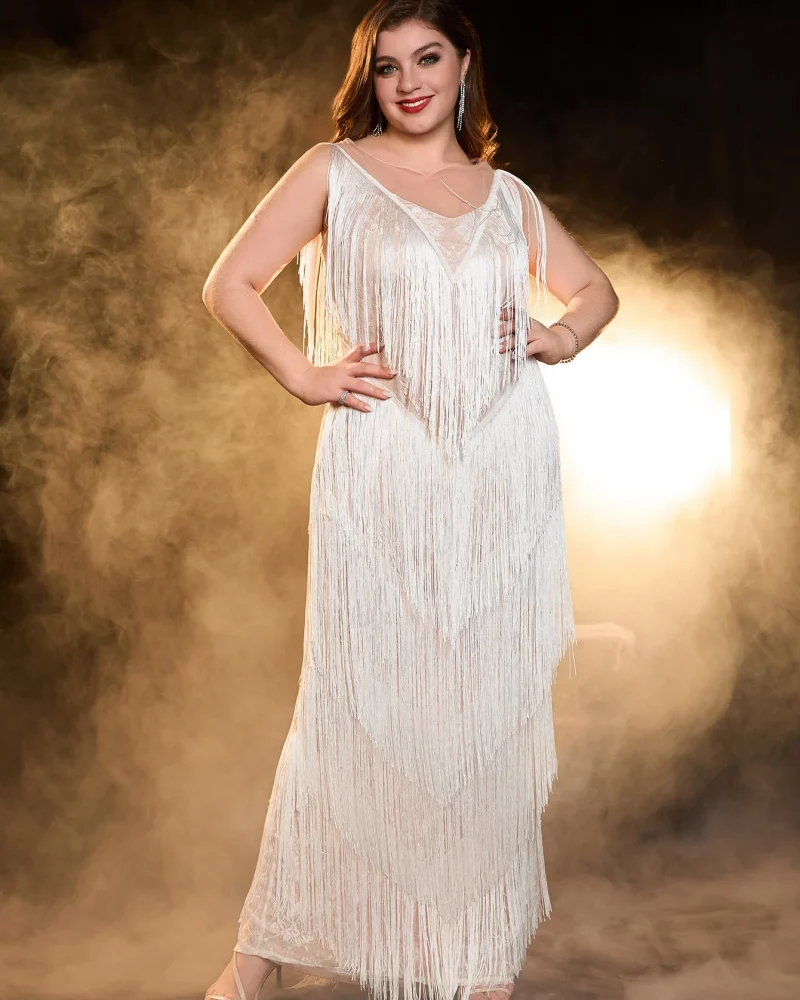 Elegant Backless V-Neck Fringe Sleeveless Plus Size Wedding Guest Dress