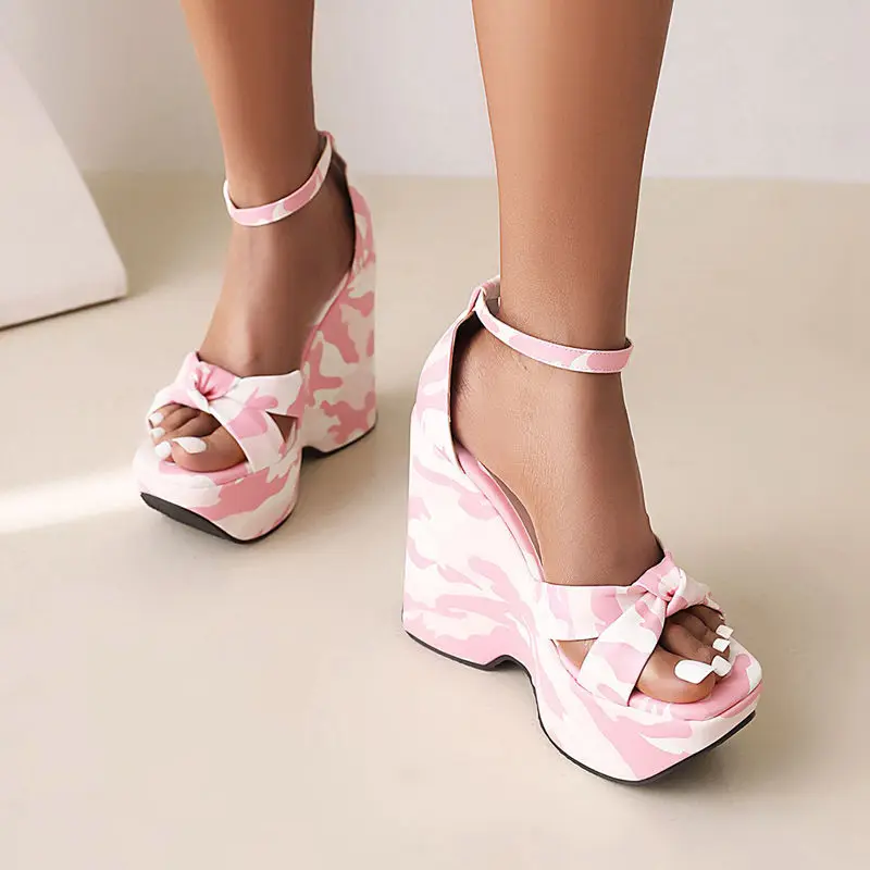 Elegant Buckle Strap Bowknot Open Toe Cover Heel Wedges