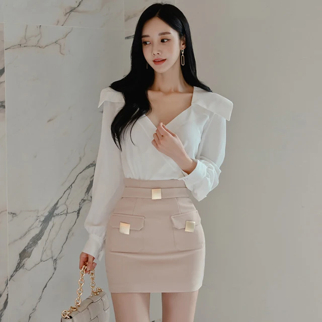 Elegant Chic V-Neck Tops Shirt Blouse High Waist Mini Skirt 2 Pieces Outfits