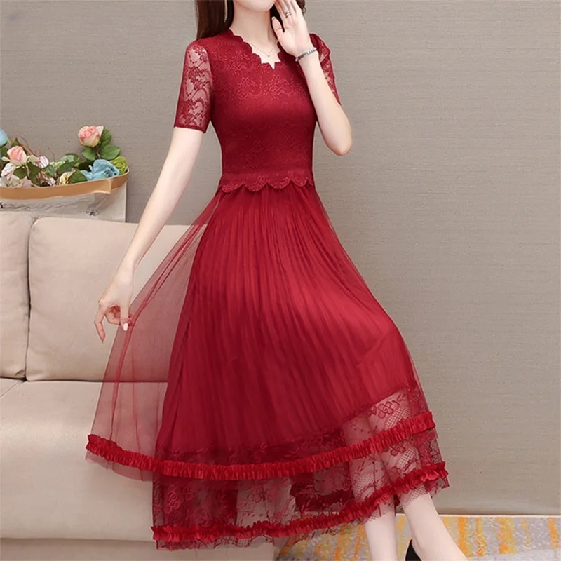 Elegant Chiffon Lace Ruffles V-Neck Hollow Solid Party Midi Dress Vestidos