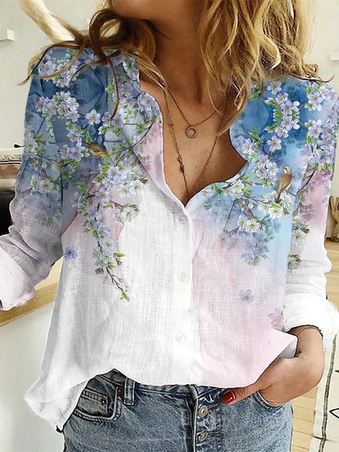 Elegant Fashion Button-Down Shirts Casual Long Sleeve Floral Print Shirt