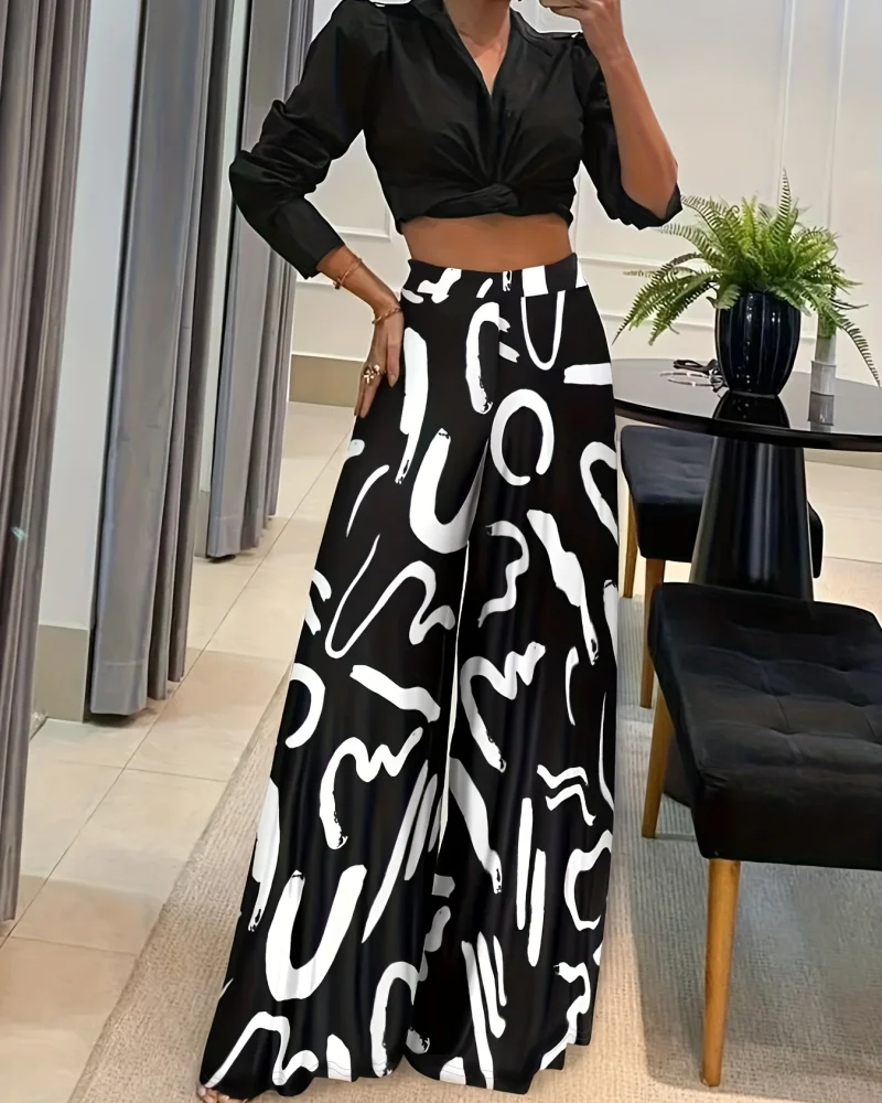 Elegant Geometric Printed Loose Fit Straight Leg Wide Long Pants