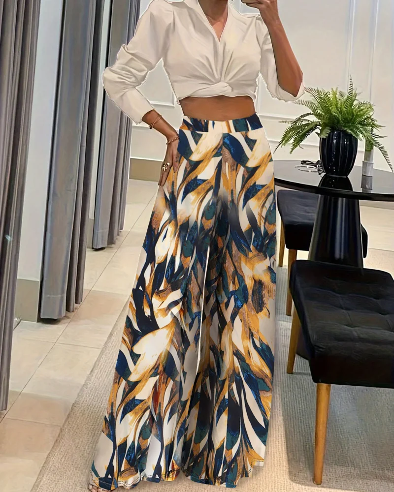 Elegant Geometric Printing Loose Fit Wide Leg Long Pants