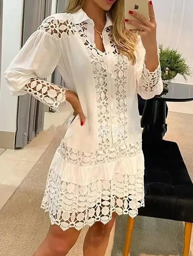 Elegant Lace Hollowed Out Patchwork With Inner Strap Anti Slip Mini 2 Piece Suit Dress